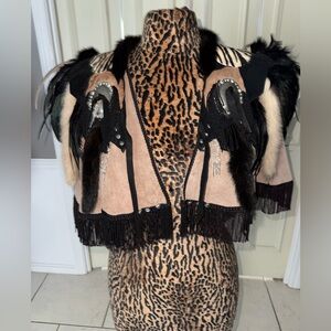 Western Fringe Vest Real Fur Trim Signed Artisan Embellished Statement